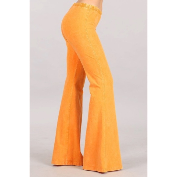 Tangerine Orange Boho Mineral Wash Stretch Flared Bell Bottom Casual Pants - Picture 3 of 6